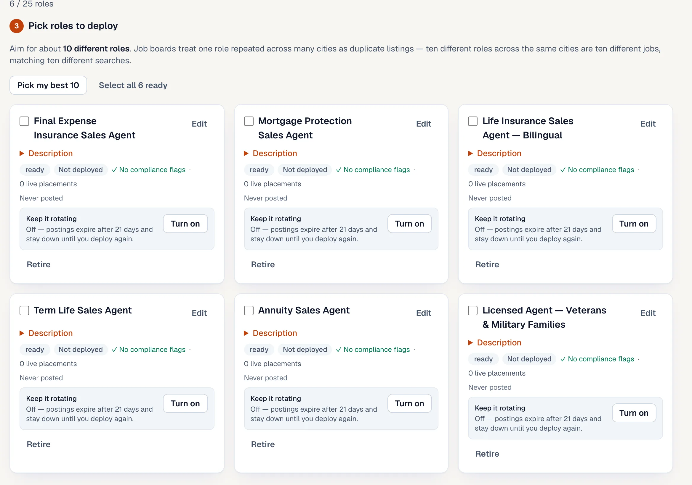The Role Gallery in the Warp Recruit admin, showing six insurance sales roles, each marked ready with no compliance flags.