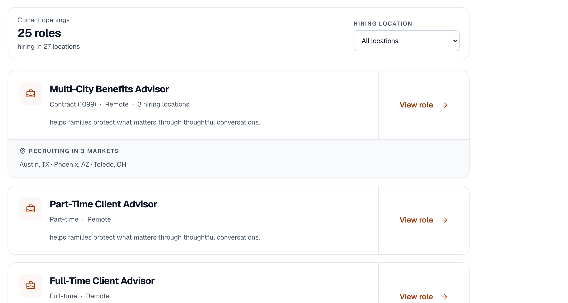 An agency careers site listing current openings, with one role recruiting in three markets: Austin TX, Phoenix AZ and Toledo OH.